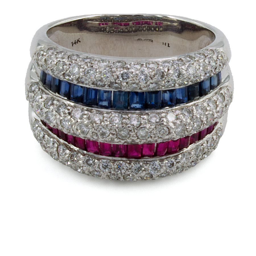 14ct white gold Diamond sapphire ruby Ring size L